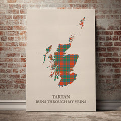 MacKintosh Ancient Tartan Scotland Map Canvas – “Tartan Runs Through My Veins” Wall Art