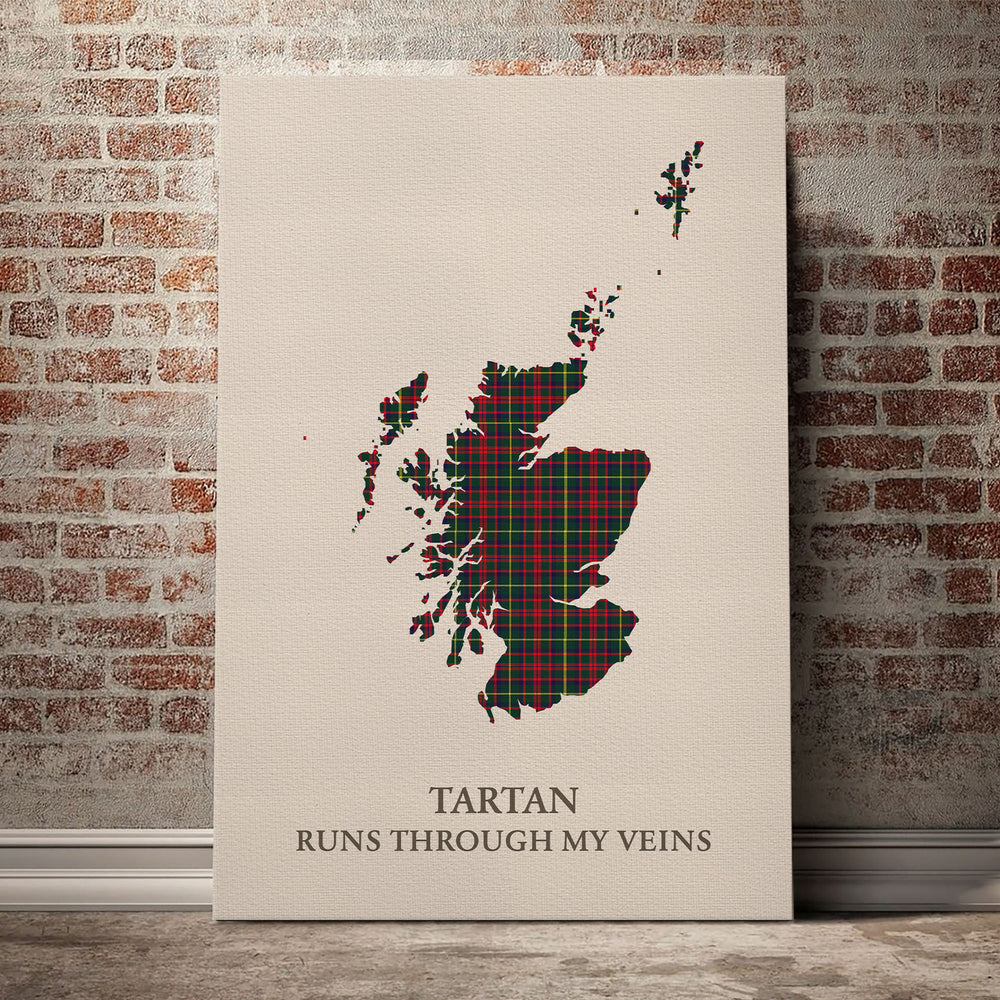 MacKintosh Hunting Modern Tartan Scotland Map Canvas – “Tartan Runs Through My Veins” Wall Art