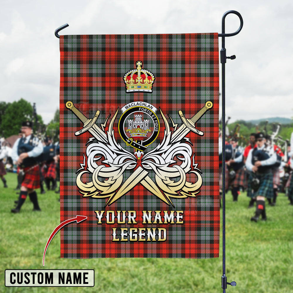 Personalized Custom Name Clan MacLachlan Weathered Tartan Garden Flag with Clan Crest and the Golden Sword of Courageous Legacy RL50 - MacLachlan Weathered Tartan Design, Scottish Heritage Gift