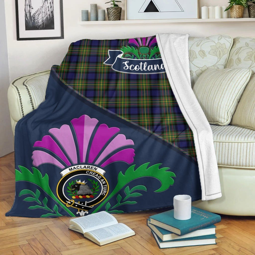 Clan MacLaren Tartan Crest Premium Blanket Thistle Style ST63 Clan Hall Tartan Today
