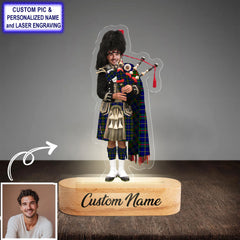 Custom Bagpipe MacLeod of Harris Modern Tartan LED Night Light - Personalized Scottish Bagpiper Figurine with Wooden Stand