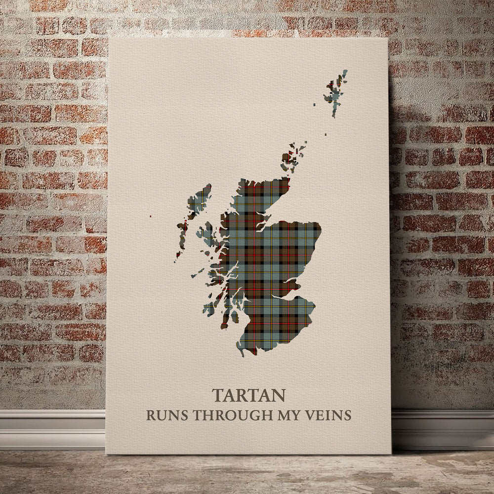 MacLeod of Harris Weathered Tartan Scotland Map Canvas – “Tartan Runs Through My Veins” Wall Art