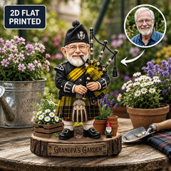 Personalized MacLeod of Lewis Ancient Clan Bagpipe Garden Gnome Caricature Plaque Custom Photo, Any Clan Tartan, Wood or Acrylic, Grandpa & Dad Gift, Scottish Highland Garden Decor OG24