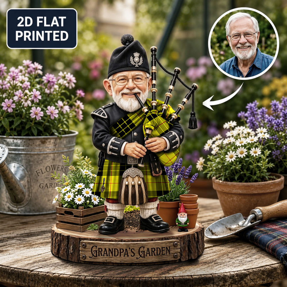 Personalized MacLeod of Lewis Modern Clan Bagpipe Garden Gnome Caricature Plaque Custom Photo, Any Clan Tartan, Wood or Acrylic, Grandpa & Dad Gift, Scottish Highland Garden Decor EB27