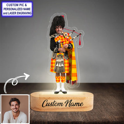 Custom Bagpipe MacMillan Tartan LED Night Light - Personalized Scottish Bagpiper Figurine with Wooden Stand