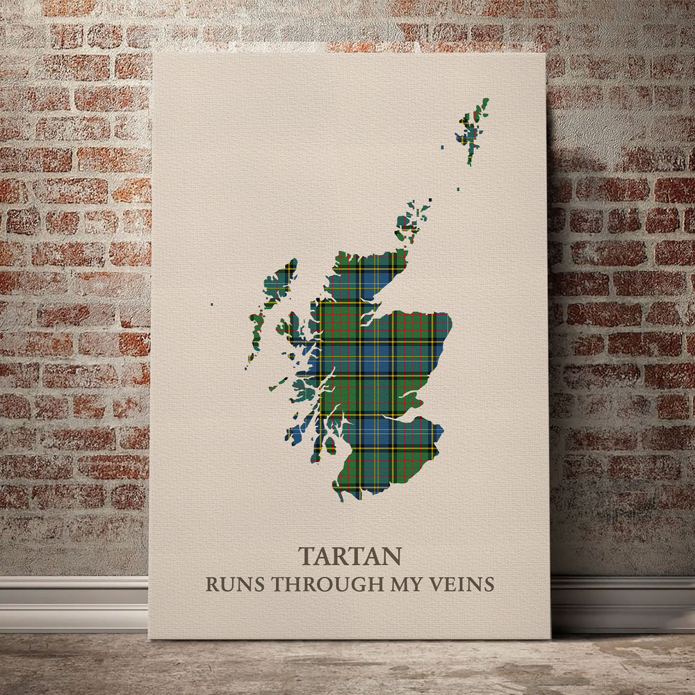 MacMillan Hunting Ancient Tartan Scotland Map Canvas – “Tartan Runs Through My Veins” Wall Art
