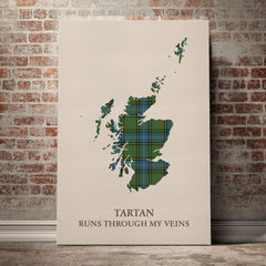 MacMillan Hunting Ancient Tartan Scotland Map Canvas – “Tartan Runs Through My Veins” Wall Art