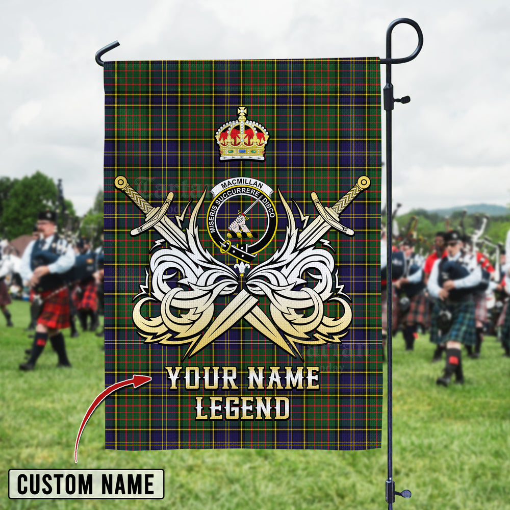 Personalized Custom Name Clan MacMillan Hunting Modern Tartan Garden Flag with Clan Crest and the Golden Sword of Courageous Legacy DP41 - MacMillan Hunting Modern Tartan Design, Scottish Heritage Gift