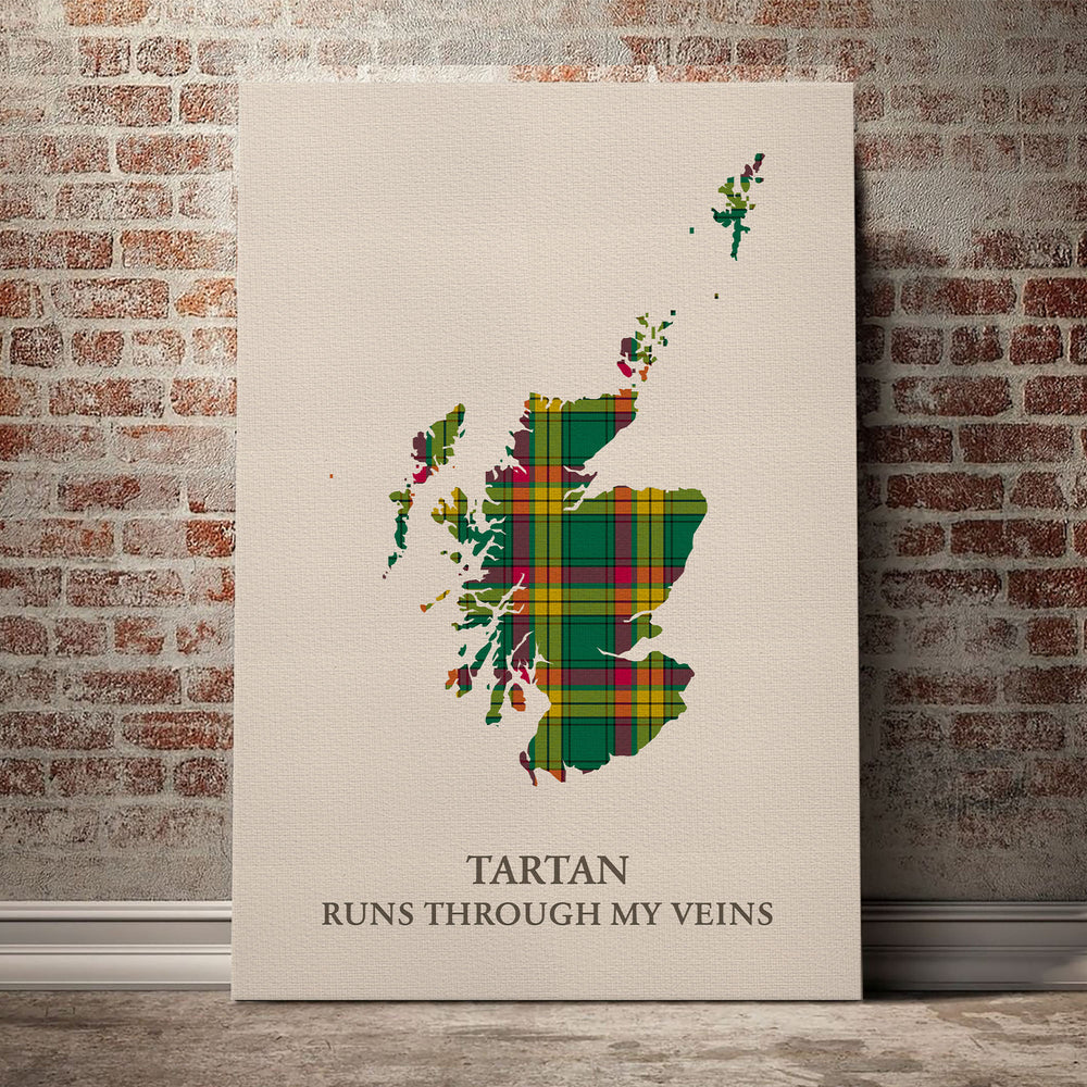 MacMillan Old Ancient Tartan Scotland Map Canvas – “Tartan Runs Through My Veins” Wall Art