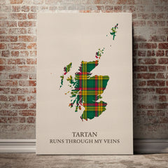MacMillan Old Ancient Tartan Scotland Map Canvas – “Tartan Runs Through My Veins” Wall Art