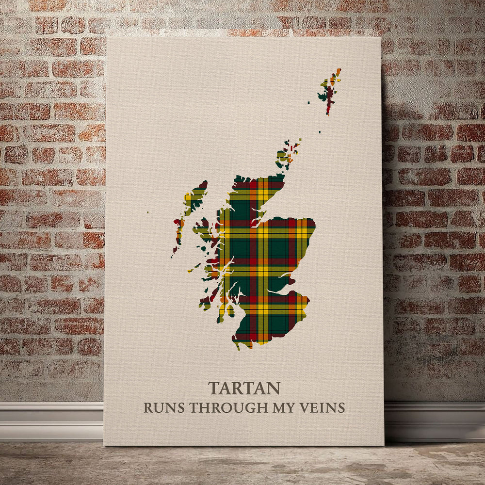 MacMillan Old Modern Tartan Scotland Map Canvas – “Tartan Runs Through My Veins” Wall Art