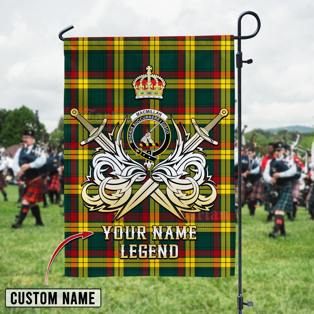 Personalized Custom Name Clan MacMillan Old Modern Tartan Garden Flag with Clan Crest and the Golden Sword of Courageous Legacy GS38 - MacMillan Old Modern Tartan Design, Scottish Heritage Gift