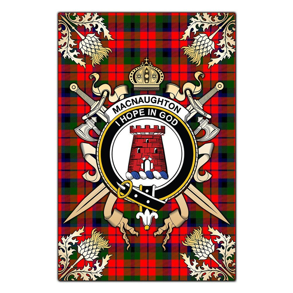 Clan Clan MacNaughton Modern Tartan Crest Black Garden Flag - Gold Thistle PQ59 Clan MacNaughton Tartan Today