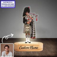 Custom Bagpipe MacPherson Dress Ancient Tartan LED Night Light - Personalized Scottish Bagpiper Figurine with Wooden Stand