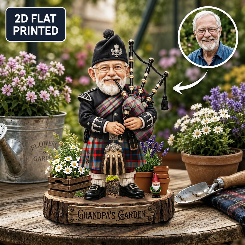 Personalized MacPherson Hunting Ancient Clan Bagpipe Garden Gnome Caricature Plaque Custom Photo, Any Clan Tartan, Wood or Acrylic, Grandpa & Dad Gift, Scottish Highland Garden Decor LU74