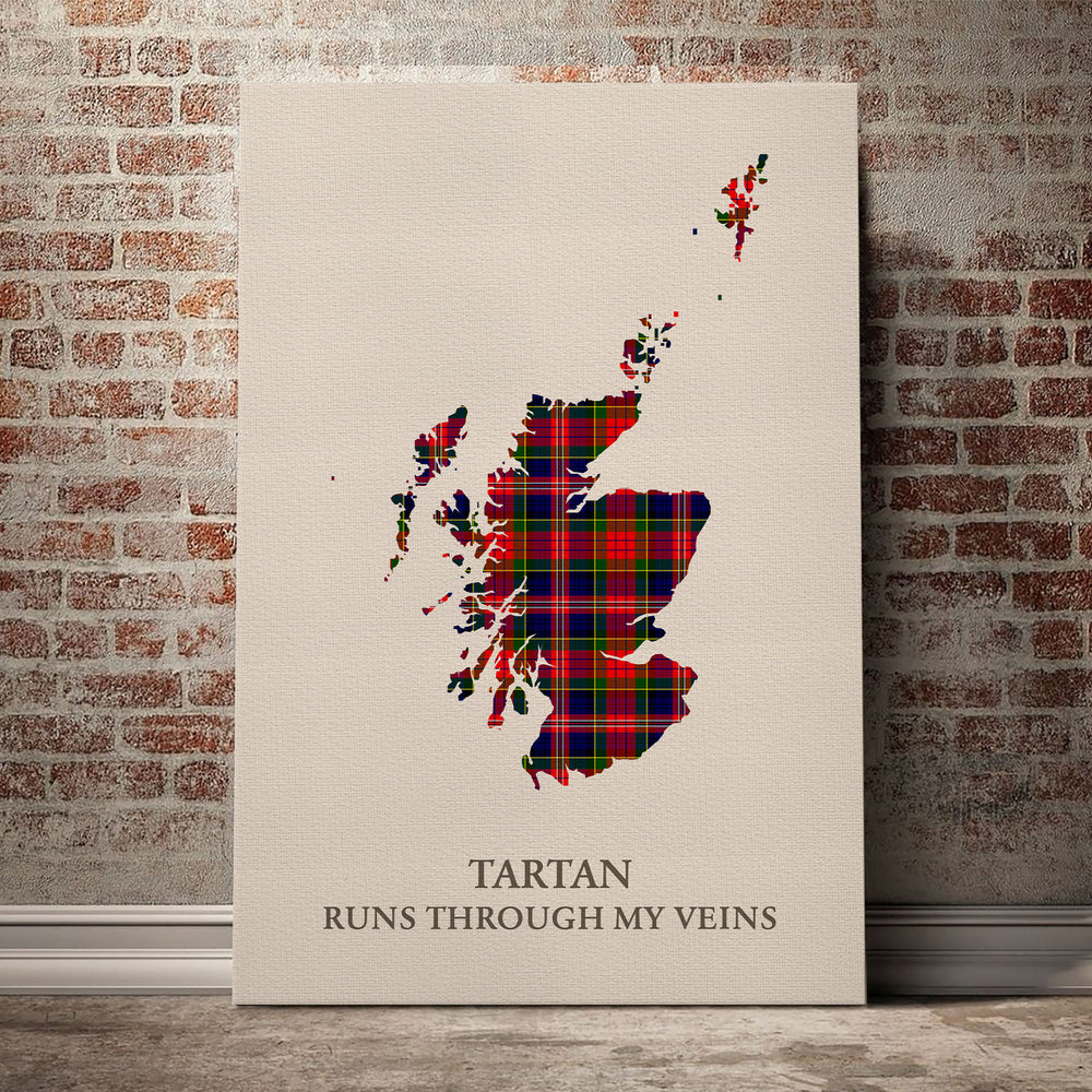 MacPherson Modern Tartan Scotland Map Canvas – “Tartan Runs Through My Veins” Wall Art