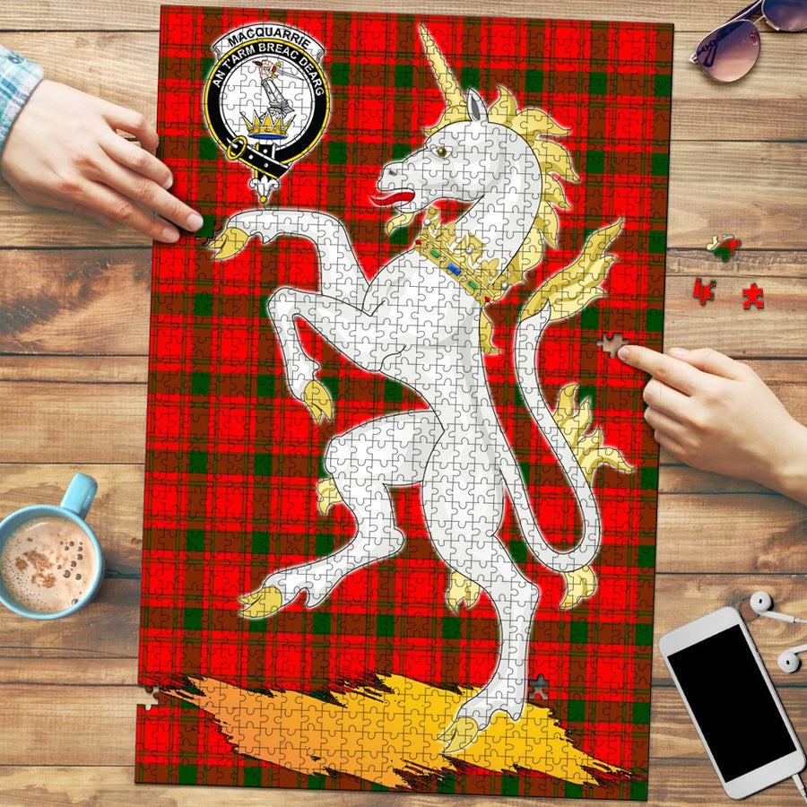 Clan MacQuarrie Modern Tartan Crest Unicorn Scotland Jigsaw Puzzles Gift For Family