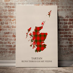 MacQuarrie Modern Tartan Scotland Map Canvas – “Tartan Runs Through My Veins” Wall Art
