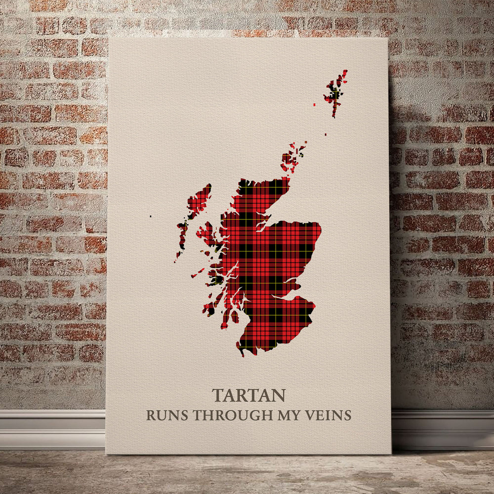MacQueen Modern Tartan Scotland Map Canvas – “Tartan Runs Through My Veins” Wall Art