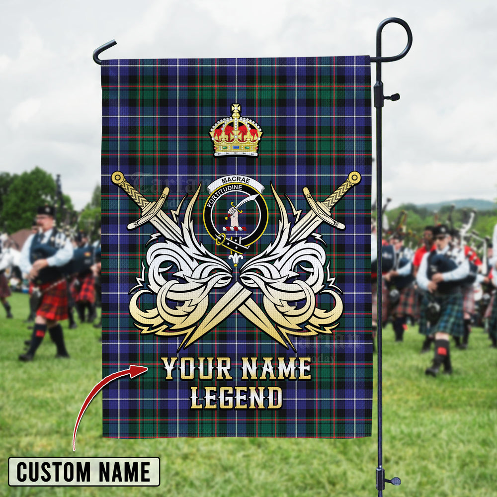 Personalized Custom Name Clan MacRae Hunting Modern Tartan Garden Flag with Clan Crest and the Golden Sword of Courageous Legacy DL66 - MacRae Hunting Modern Tartan Design, Scottish Heritage Gift