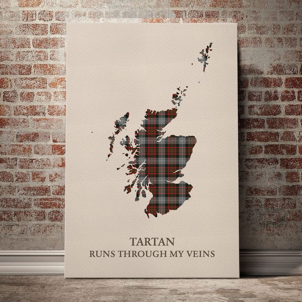 MacRae Hunting Weathered Tartan Scotland Map Canvas – “Tartan Runs Through My Veins” Wall Art