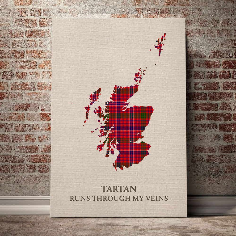 MacRae Modern Tartan Scotland Map Canvas – “Tartan Runs Through My Veins” Wall Art