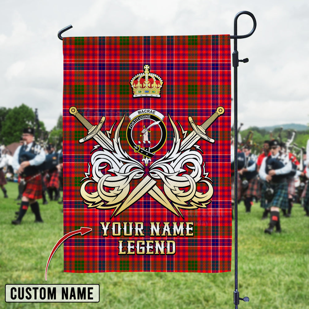 Personalized Custom Name Clan MacRae Modern Tartan Garden Flag with Clan Crest and the Golden Sword of Courageous Legacy AK40 - MacRae Modern Tartan Design, Scottish Heritage Gift