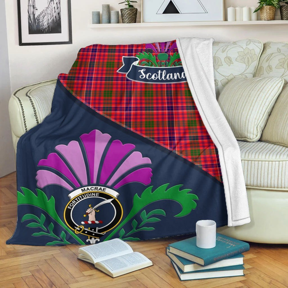 Clan MacRae Tartan Crest Premium Blanket Thistle Style EG65 Clan MacRae Tartan Today