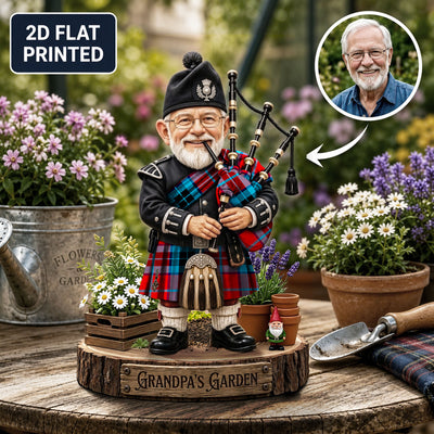 Personalized MacTavish Modern Clan Bagpipe Garden Gnome Caricature Plaque Custom Photo, Any Clan Tartan, Wood or Acrylic, Grandpa & Dad Gift, Scottish Highland Garden Decor EB80