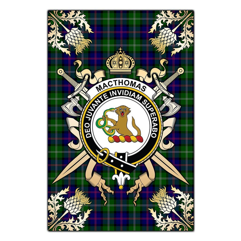 Clan MacThomas Modern Tartan Crest Black Garden Flag - Gold Thistle MZ13 Clan MacThomas Tartan Today