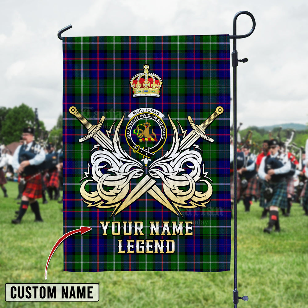 Personalized Custom Name Clan MacThomas Modern Tartan Garden Flag with Clan Crest and the Golden Sword of Courageous Legacy XT93 - MacThomas Modern Tartan Design, Scottish Heritage Gift