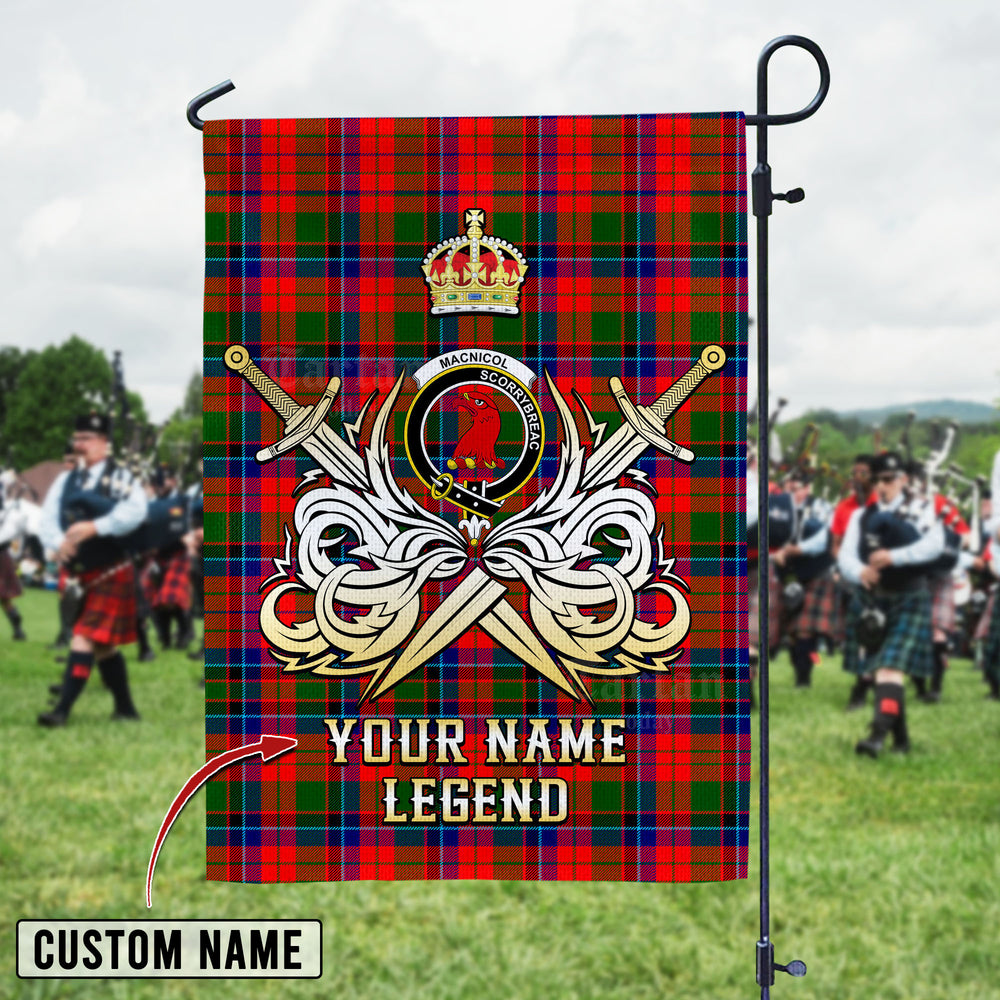 Personalized Custom Name Clan Macnicol Tartan Garden Flag with Clan Crest and the Golden Sword of Courageous Legacy JN77 - Macnicol Tartan Design, Scottish Heritage Gift