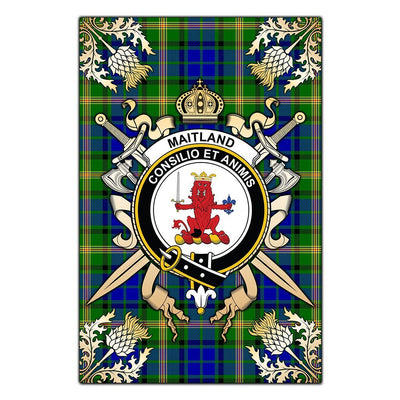 Clan Maitland Tartan Crest Black Garden Flag - Gold Thistle