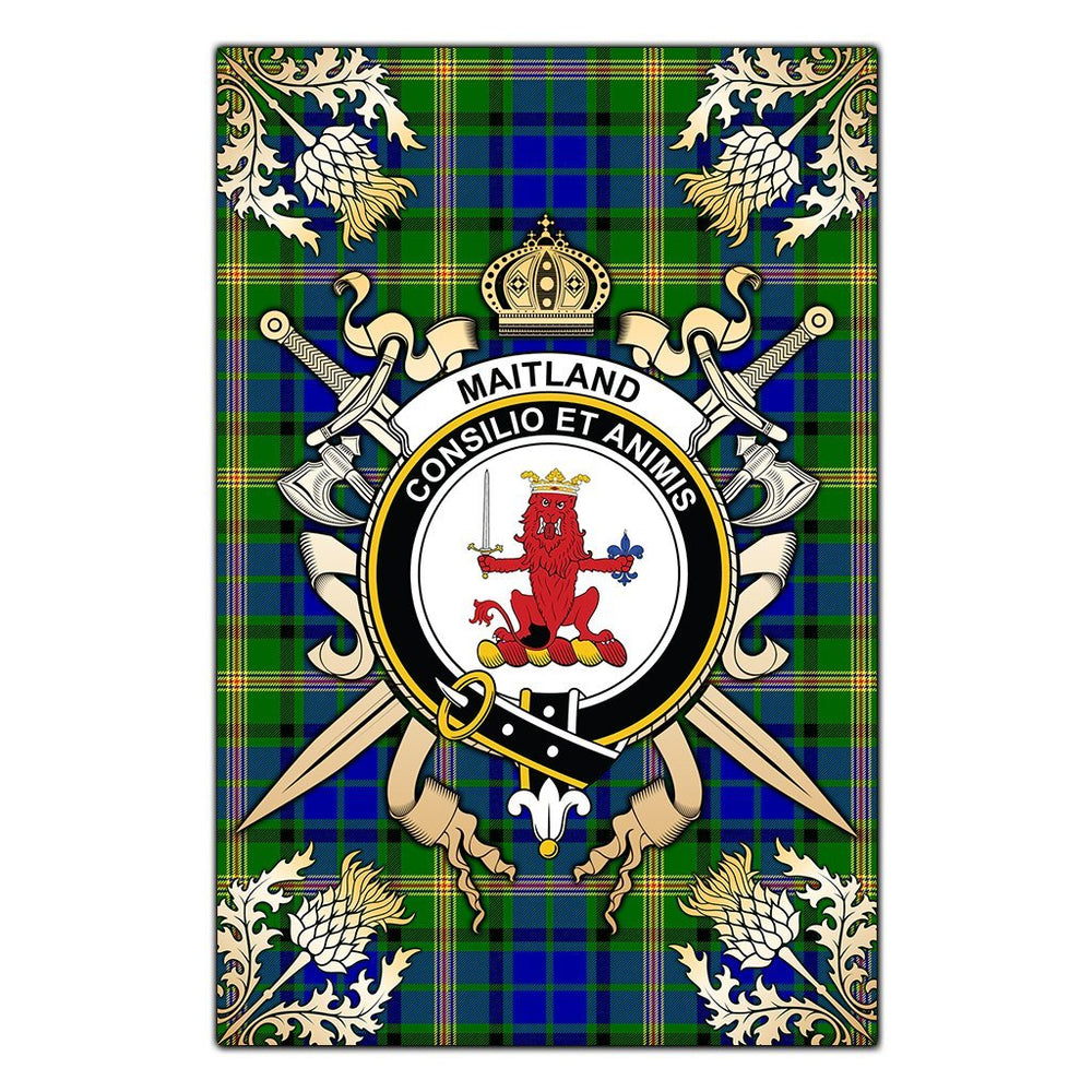 Clan Maitland Tartan Crest Black Garden Flag - Gold Thistle PF47 Clan Maitland Tartan Today