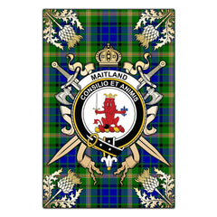 Clan Maitland Tartan Crest Black Garden Flag - Gold Thistle PF47 Clan Maitland Tartan Today