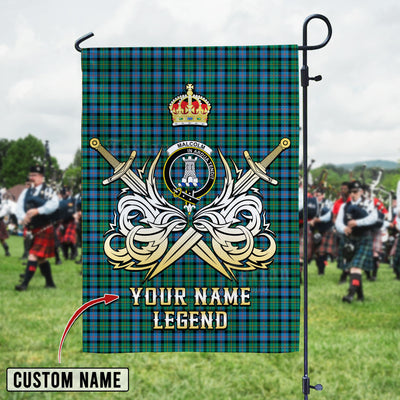 Custom Name Clan Malcolm Ancient Tartan Garden Flag with Clan Crest and the Golden Sword of Courageous Legacy BC86
