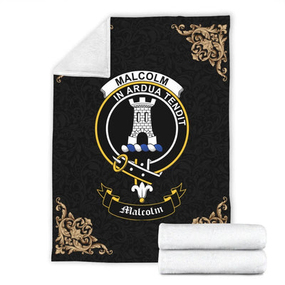 Clan Malcolm (or MacCallum) Crest Tartan Premium Blanket Black