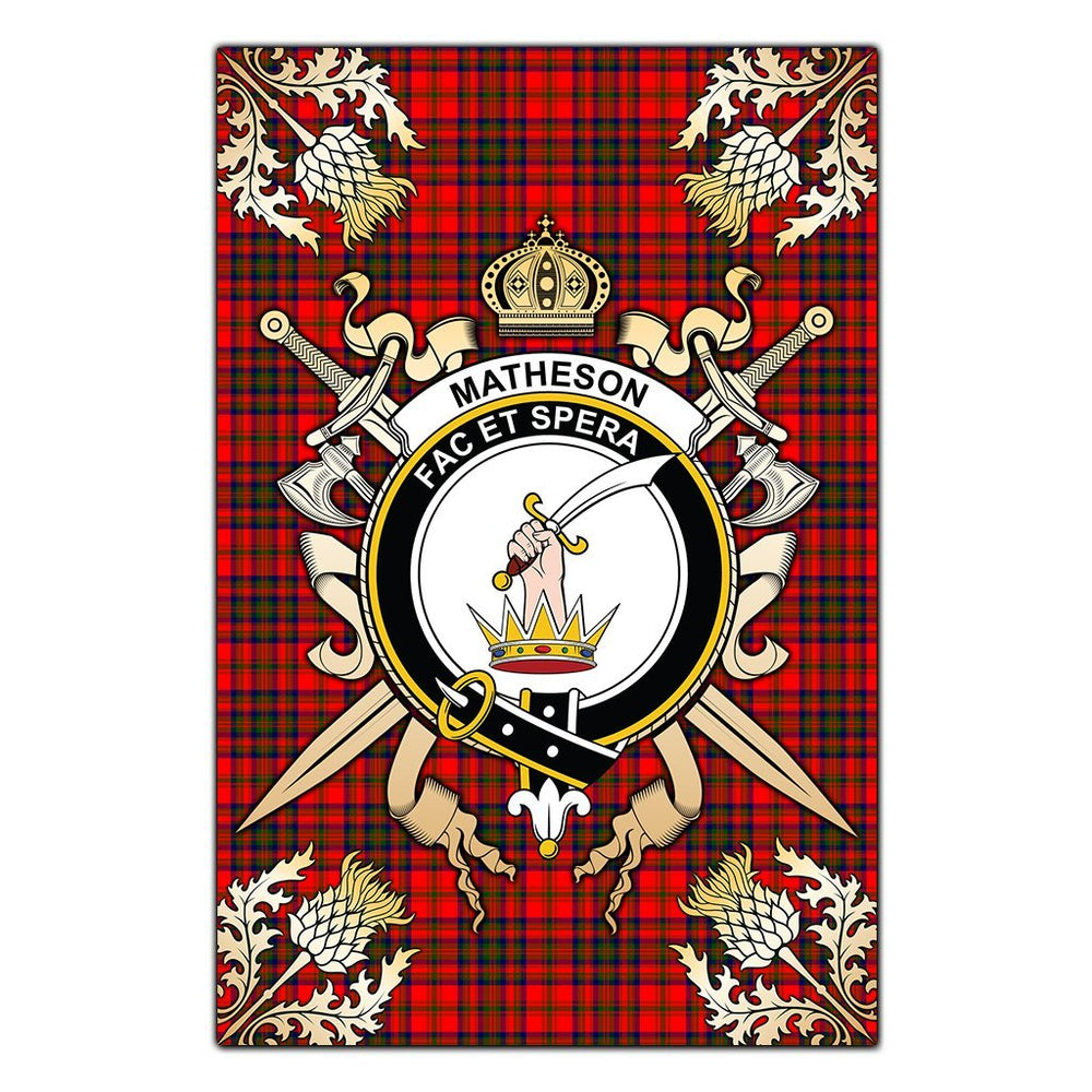 Clan Matheson Modern Tartan Crest Black Garden Flag - Gold Thistle QH64 Clan Matheson Tartan Today