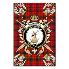 Clan Matheson Modern Tartan Crest Black Garden Flag - Gold Thistle QH64 Clan Matheson Tartan Today