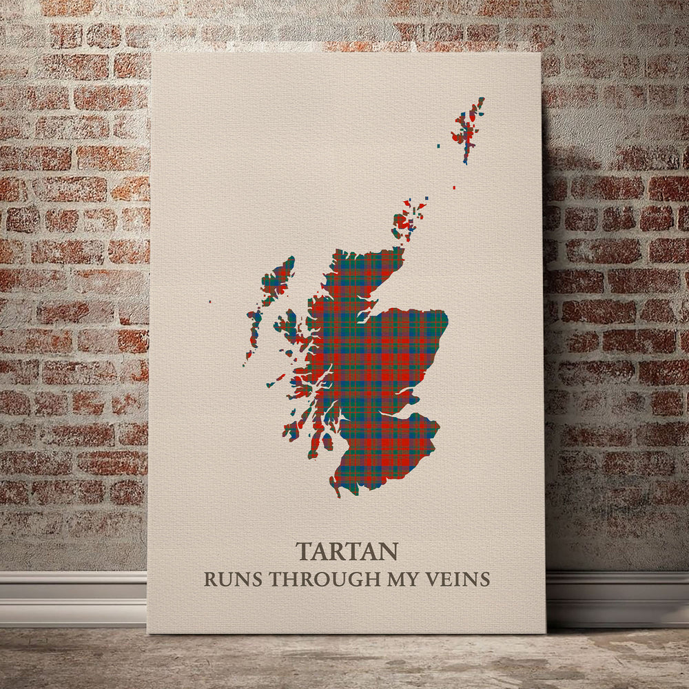 Matheson Ancient Tartan Scotland Map Canvas – “Tartan Runs Through My Veins” Wall Art