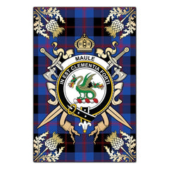 Clan Maule Tartan Crest Black Garden Flag - Gold Thistle UO53 Clan Maule Tartan Today