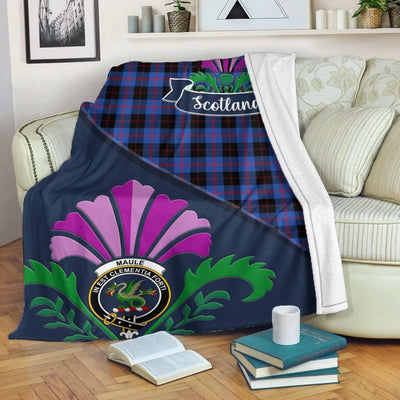 Clan Maule Tartan Crest Premium Blanket Thistle Style