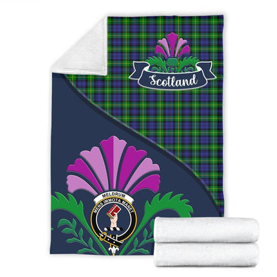 Clan Meldrum Tartan Crest Premium Blanket Thistle Style