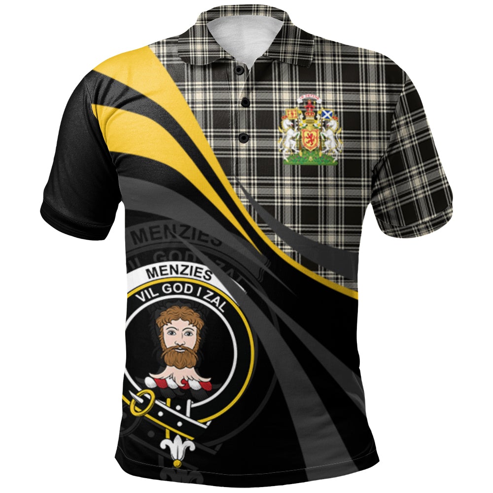Clan Menzies Black _ White Ancient Tartan Polo Shirt - Royal Coat Of Arms Style PV50 Menzies Black _ White Ancient Tartan Tartan Polo