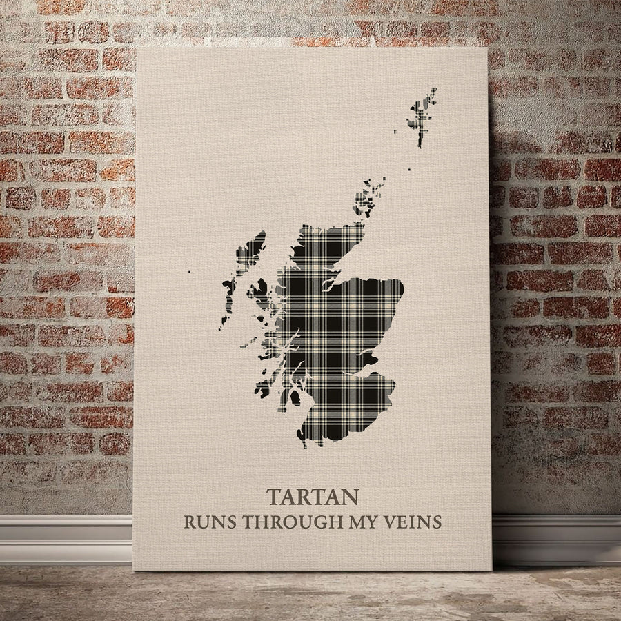 Menzies Black & White Ancient Tartan Scotland Map Canvas – “Tartan Runs Through My Veins” Wall Art