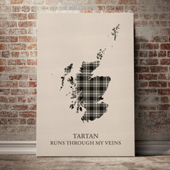 Menzies Black & White Ancient Tartan Scotland Map Canvas – “Tartan Runs Through My Veins” Wall Art