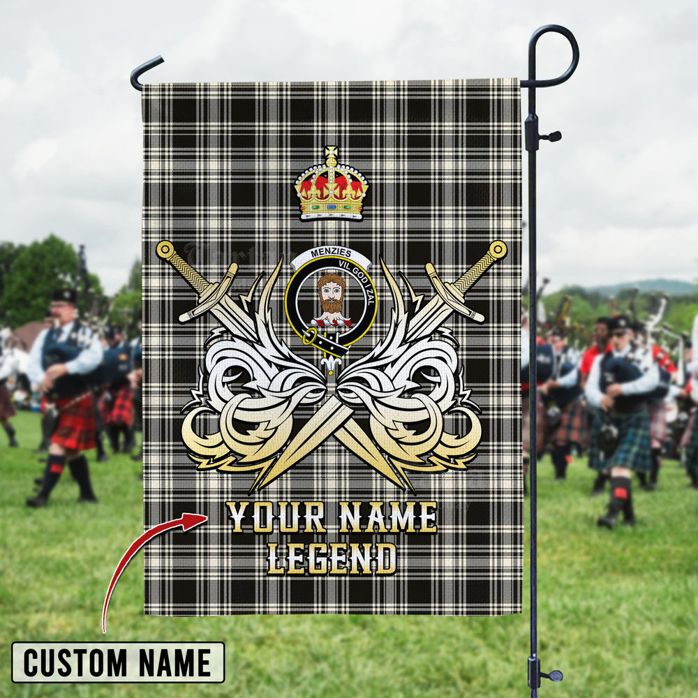 Personalized Custom Name Clan Menzies Black & White Ancient Tartan Garden Flag with Clan Crest and the Golden Sword of Courageous Legacy DP77 - Menzies Black & White Ancient Tartan Design, Scottish Heritage Gift