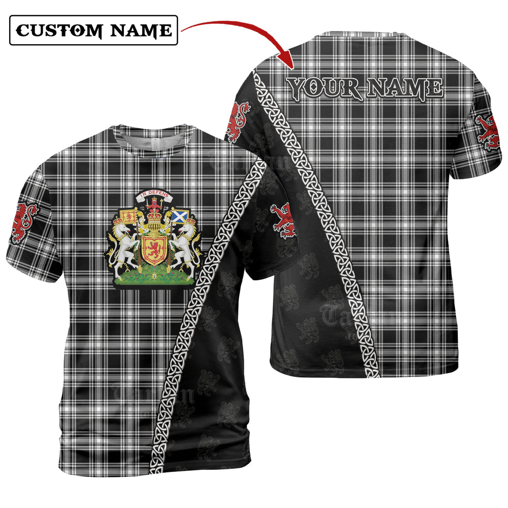 Menzies Black & White Modern Tartan Shirt with Scotland Coat of Arms & Custom Name JC58