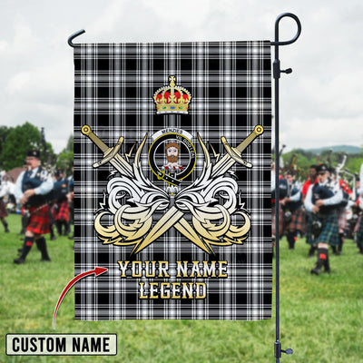 Custom Name Clan Menzies Black & White Modern Tartan Garden Flag with Clan Crest and the Golden Sword of Courageous Legacy