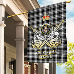 Custom Name Clan Menzies Black & White Modern Tartan Garden Flag with Clan Crest and the Golden Sword of Courageous Legacy PQ95